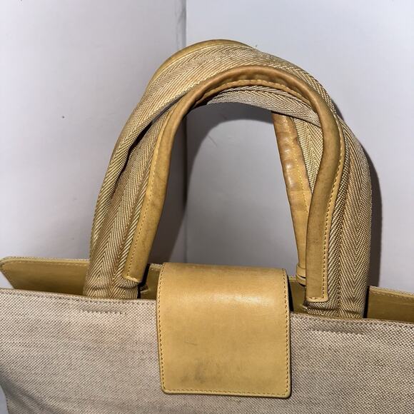 Prada Hand Bag Beige Yellow Canvas Leather Tote Authentic Vintage - Picture 3 of 15